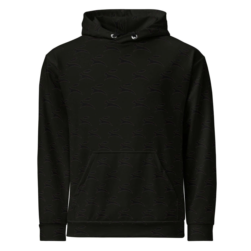 Grozavu Hare hoodie in black, 265 g/m² cotton with all-over hare print, front view