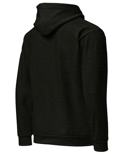 Black Hare hoodie with dropped shoulders and all-over hare print, right back view