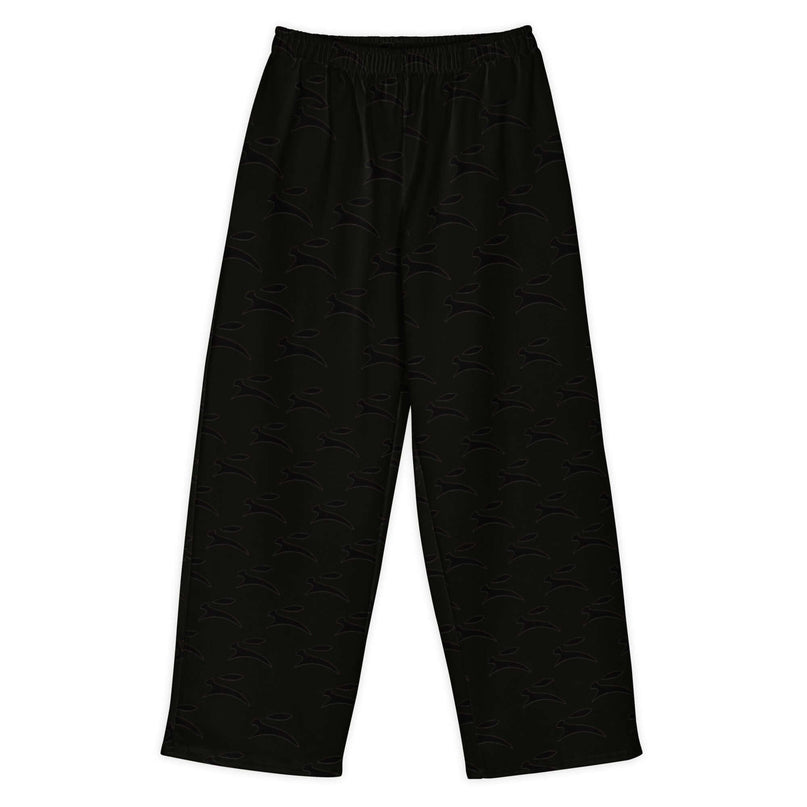 Grozavu Hare wide-leg pants in black, 300 g/m² cotton-elastane with all-over hare print, front view