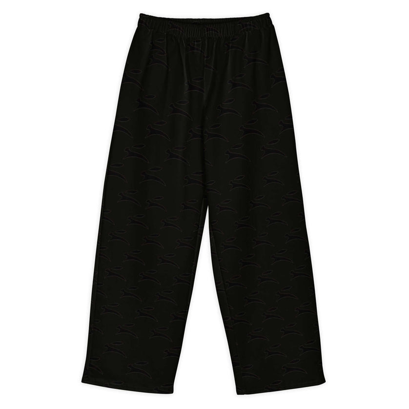 Grozavu Hare wide-leg pants in black, 300 g/m² cotton-elastane with all-over hare print, front view