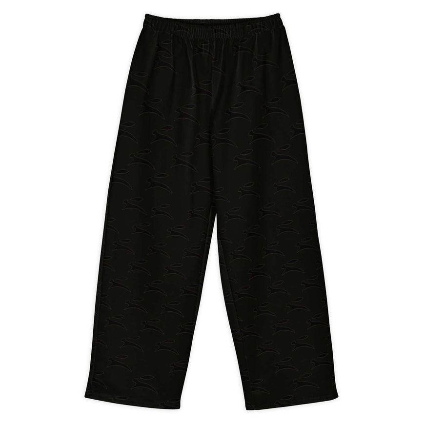Grozavu Hare wide-leg pants in black, 300 g/m² cotton-elastane with all-over hare print, front view