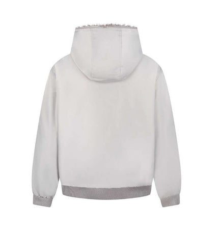 Back view of the Hawk Embroidered Letter Hooded Coat showcasing its casual design and cozy fit.