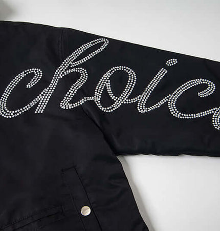 Hawk Embroidered Letter Hooded Coat with bold rhinestone detailing on the sleeve.