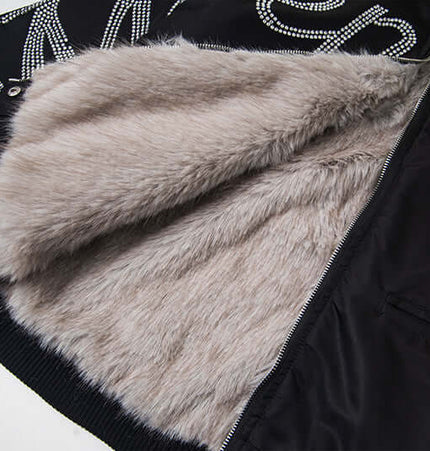 Hawk Embroidered Letter Hooded Coat showcasing plush fur lining for warmth and style.