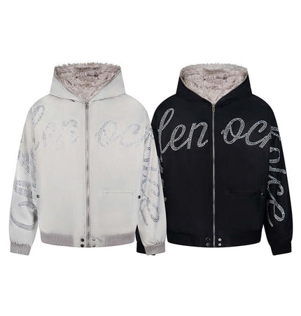Hawk Embroidered Letter Hooded Coat showcasing grey and black color options with bold letter detailing.