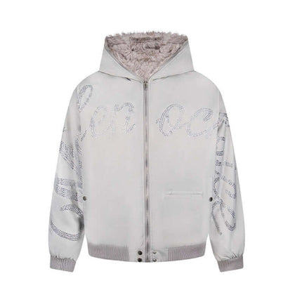 Hawk Embroidered Letter Hooded Coat with bold embroidery and cozy inner lining, perfect for urban style and comfort.