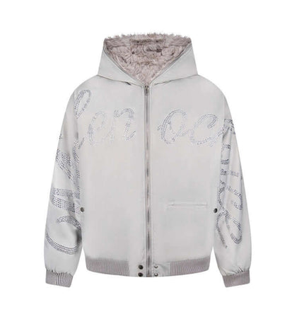 Hawk Embroidered Letter Hooded Coat with bold embroidery and cozy inner lining, perfect for urban style and comfort.