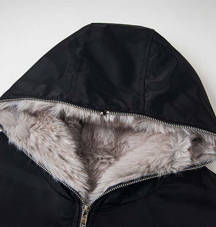 Hawk Embroidered Letter Hooded Coat featuring a soft fur-lined hood and stylish design, perfect for urban fashion.