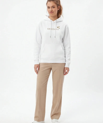 Front view of the Maison Grozavu Stark Chalk Hoodie in collection — showing the tailored hem.