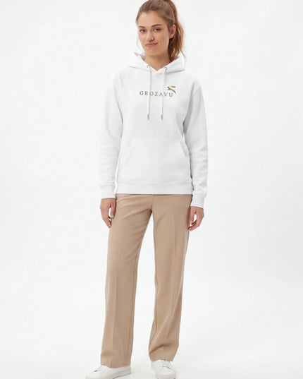 Front view of the Maison Grozavu Stark Chalk Hoodie in collection — showing the tailored hem.