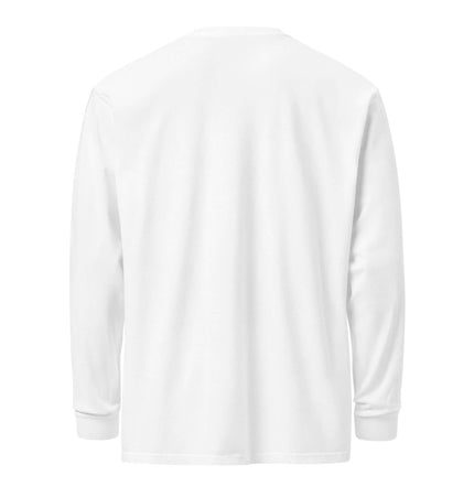 Back view of Heavyweight Garment-Dyed Long-Sleeve shirt in white color, showcasing the relaxed fit and soft cotton fabric.