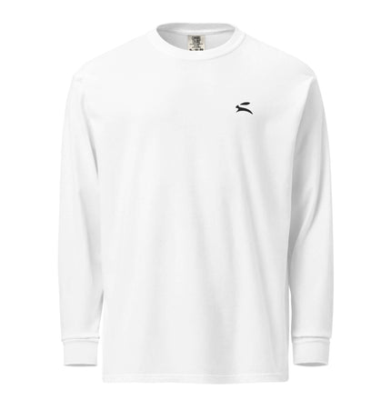 Heavyweight Garment-Dyed Long-Sleeve in white, featuring a relaxed fit and classic design for ultimate comfort.