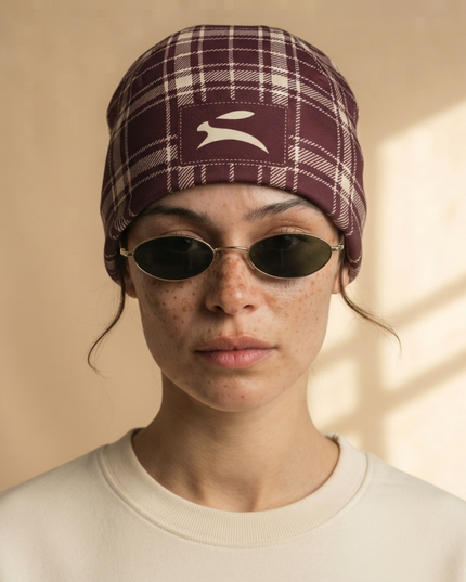 Model wearing the Heritage Tartan Beanie in Bordeaux, front view with the Grozavu hare patch