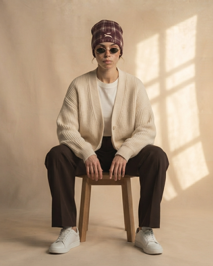 Heritage Tartan Beanie in Bordeaux styled with a cream cardigan and brown trousers, seated full-length studio shot