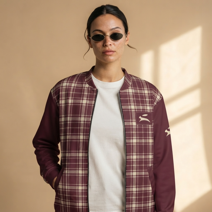 Model wearing the Heritage Tartan Bomber in Bordeaux open over a white tee, with the Grozavu hare patch on the chest