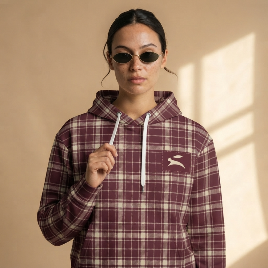 Model wearing the Heritage Tartan Hoodie in Bordeaux, front view with the Grozavu hare patch on the chest