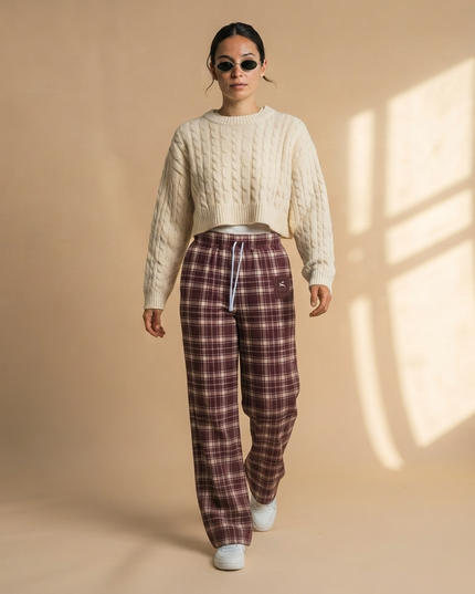 Model walking in the Heritage Tartan Wide-Leg Joggers in Bordeaux with a cream cable-knit sweater