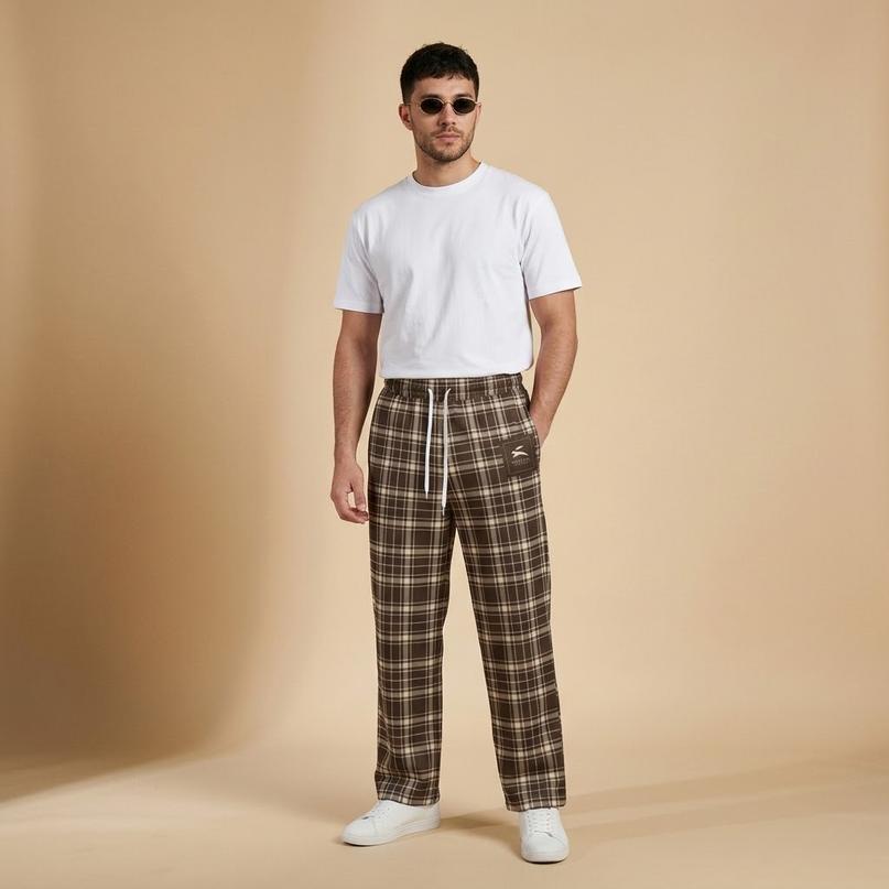 Model wearing the Heritage Tartan Wide-Leg Joggers in Cocoa in the studio, full-length front view
