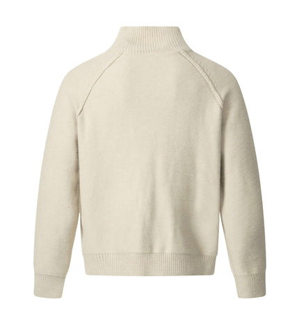 Back view of Knit Zipper Sweater Jacket – High Neck in soft beige color, showcasing jacquard knit pattern and comfortable fit.