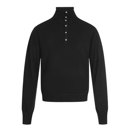 High Neck Street Knit Sweater – Loose Fit in black with buttoned high neckline and long sleeves.