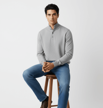 High Neck Street Knit Sweater – Loose Fit model wearing grey sweater seated on a stool.