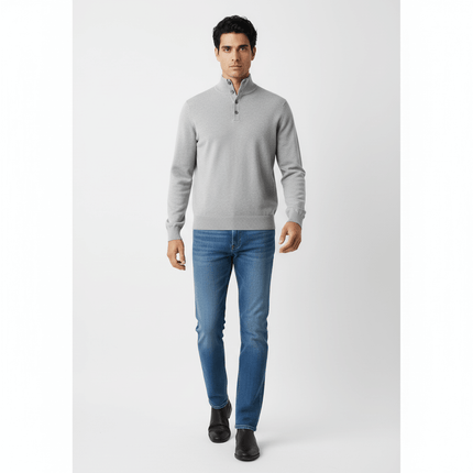 High Neck Street Knit Sweater – Loose Fit worn by a man in a stylish outfit, showcasing modern street style.