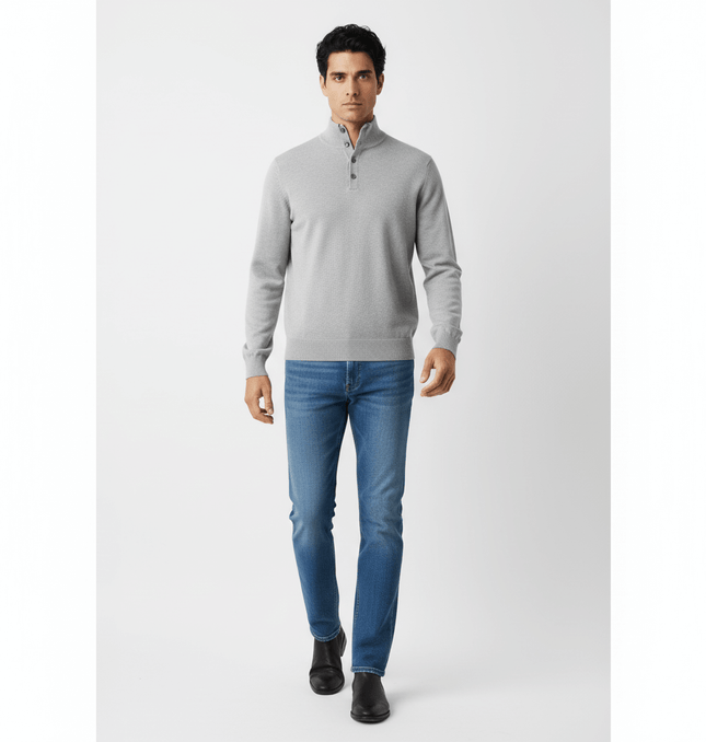 High Neck Street Knit Sweater – Loose Fit worn by a man in a stylish outfit, showcasing modern street style.
