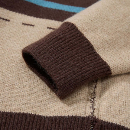 Close-up of the sleeve detail of a High Neck Stripe Jacquard Cardigan showcasing jacquard knitting and cozy fabric.