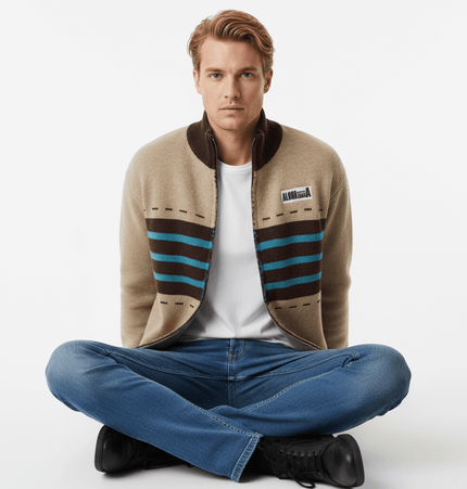 Model wearing High Neck Stripe Jacquard Cardigan with a casual outfit and relaxed pose.