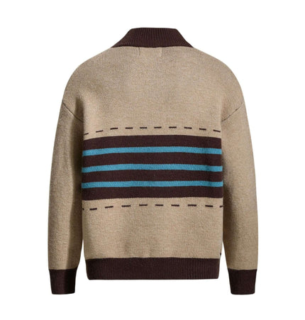 Back view of High Neck Stripe Jacquard Cardigan featuring bold stripes and cozy high-neck design.