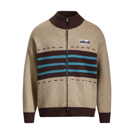 High Neck Stripe Jacquard Cardigan in beige with blue and brown stripes, perfect for autumn streetwear.