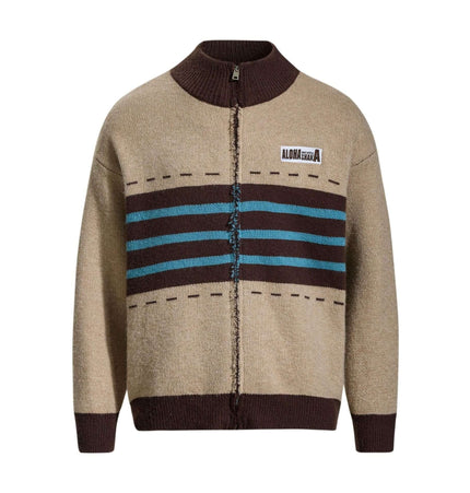 High Neck Stripe Jacquard Cardigan in beige with blue and brown stripes, perfect for autumn streetwear.