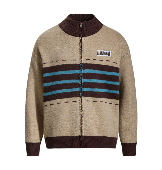 High Neck Stripe Jacquard Cardigan in beige with blue and brown stripes, perfect for autumn streetwear.