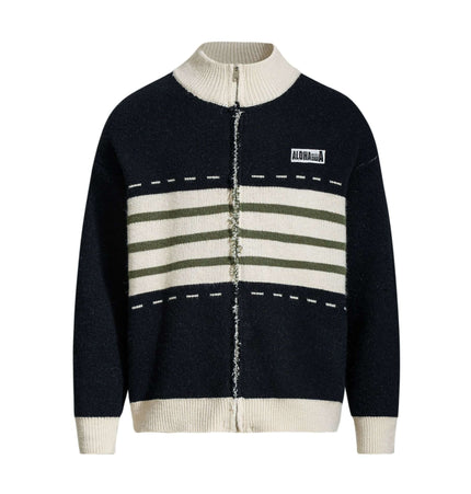 High Neck Stripe Jacquard Cardigan in navy with white and green stripes, featuring a high-neck design and cozy fit.
