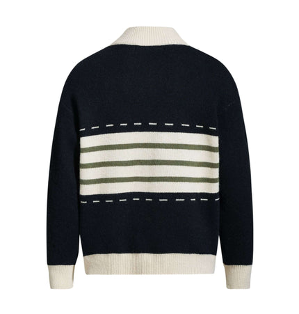 Back view of the High Neck Stripe Jacquard Cardigan showcasing a navy and cream striped design.
