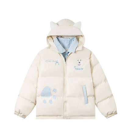 Hooded Cotton Puffer Coat – Loose Fit featuring dog embroidery and ear hood design.