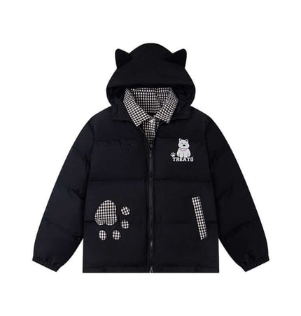 Hooded Cotton Puffer Coat – Loose Fit featuring cute dog embroidery and hooded neckline for warmth.