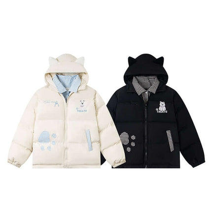 Hooded Cotton Puffer Coat – Loose Fit featuring playful dog embroidery and hooded designs in light and dark colors.