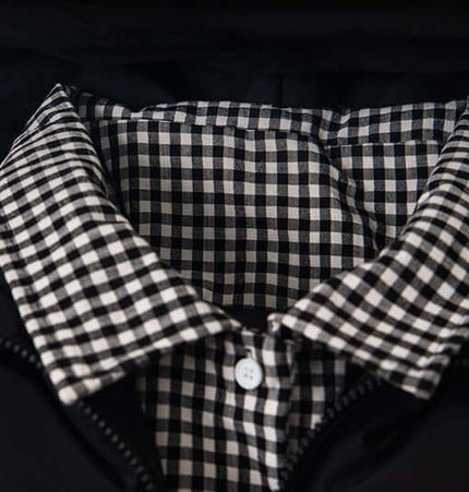 Hooded Cotton Puffer Coat – Loose Fit with black and white checkered collar detail.