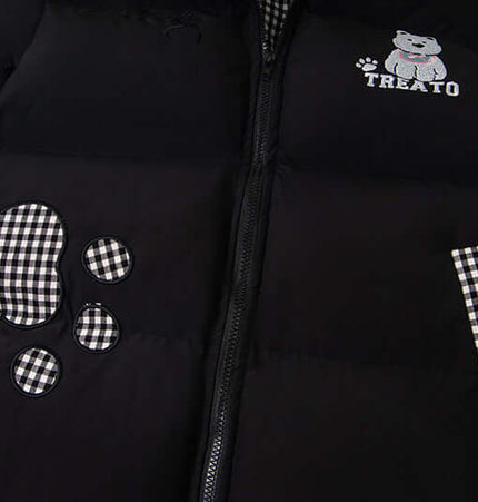 Hooded Cotton Puffer Coat – Loose Fit featuring a cute dog embroidery and checkered accents