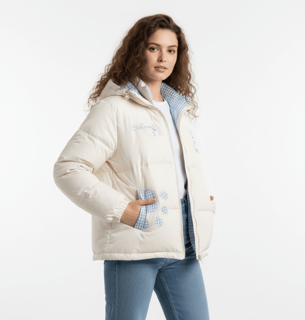 Hooded Cotton Puffer Coat – Loose Fit modeled by a woman, featuring dog embroidery and a cozy hood.