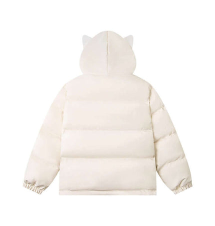 Hooded Cotton Puffer Coat – Loose Fit, back view of white puffer jacket with cute hooded ears.