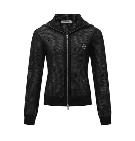 Hooded Embroidered Knit Cardigan in black with zipper and hooded neckline, featuring mesh detailing and fitted design.