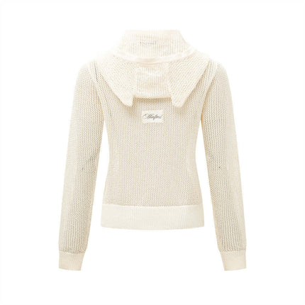 Back view of the Hooded Embroidered Knit Cardigan in cream with delicate embroidery details and a soft hood.