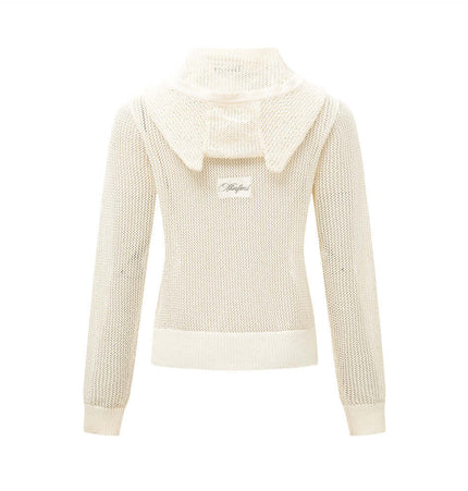 Back view of the Hooded Embroidered Knit Cardigan in cream with delicate embroidery details and a soft hood.