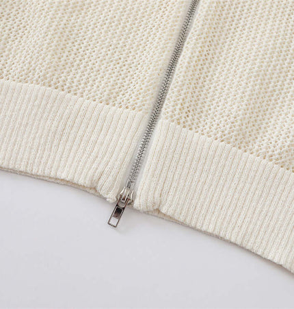 Hooded Embroidered Knit Cardigan with zip closure and open knit design for stylish comfort.