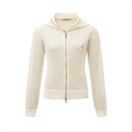 Hooded Embroidered Knit Cardigan featuring a soft hood, zip closure, and delicate embroidery in a light color