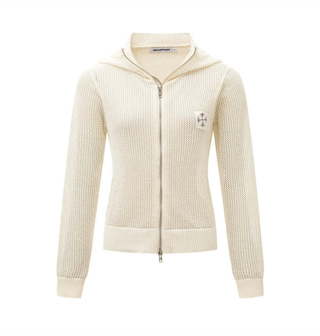 Hooded Embroidered Knit Cardigan featuring a soft hood, zip closure, and delicate embroidery in a light color