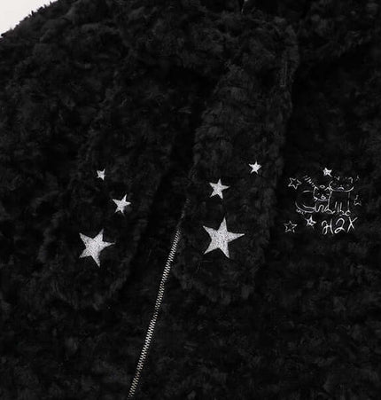 Hooded Lamb Wool Cotton Winter Coat featuring a cozy black fuzzy texture and star embroidery details.