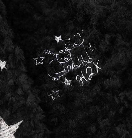 Hooded Lamb Wool Cotton Winter Coat detail with embroidered design and star accents on soft black fabric.